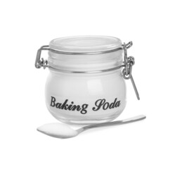 Spoon and jar with baking soda on white background