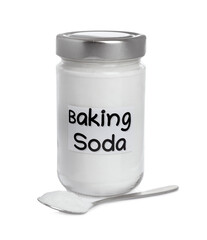 Spoon and jar with baking soda on white background