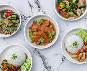 Thai Food Mixed Selections of Rice and Spicy Salads