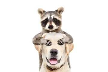 Portrait of a funny labrador to whom the raccoon closed his eyes with his paws isolated on a white background - obrazy, fototapety, plakaty