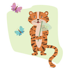 Tiger catching butterflies in summer. Bright cute illustration for kid's books or greeting cards