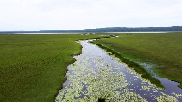 Flying low close to stream river waterway on vast open wetland plain in crocodile territory at Ira Lalaro, Nino Konis Santana National Park, Timor Leste, aerial drone flyover