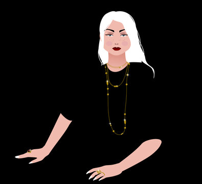 A fashion portrait of a long-haired glamorous woman in black with a resting bitch face. Vector flat minimalist illustration with a negative space. 