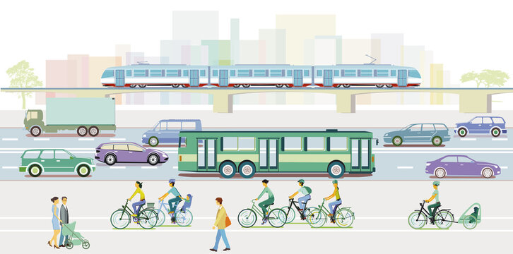 bunte Stadtsilhouette mit Radfahrern, Fußgänger und Straßenverkehr, Illustration