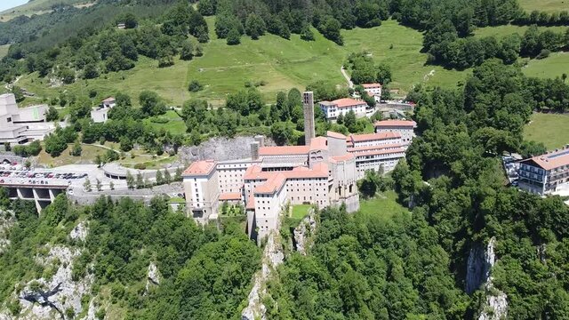 aerial footage of the monastery of Aranzazu in the basque country, Spain