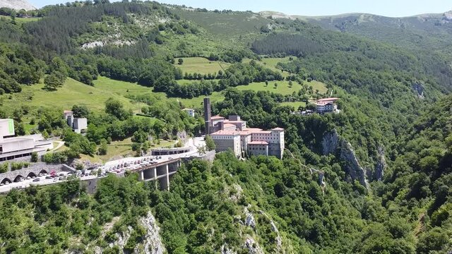 aerial footage of the monastery of Aranzazu in the basque country, Spain