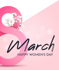 Greeting poster for International Women's Day (March 8).Pink number 8 with gypsophila on a white-pink background with an inscription.
