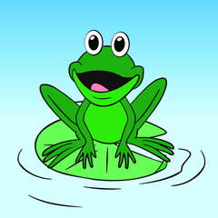 green frog sits on a water lily in the water, drawing, vector, cartoon, scratch