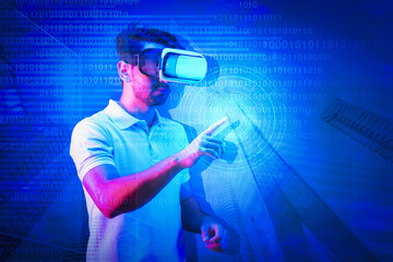 man with VR glasses and digital symbol in concept of metaverse and cyberspace