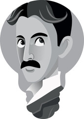 Black and White Cartoon of Nikola Tesla in Light Bulb Shape