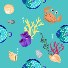 Seamless pattern of sea creatures, fish, algae and sea stones and shells on a bright, beautiful, abstract sea background, vector illustration