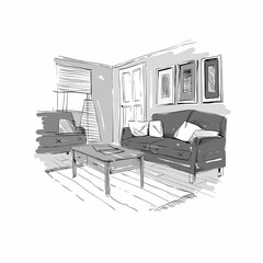 Living room design interior sketch. Hand drawn vector illustration