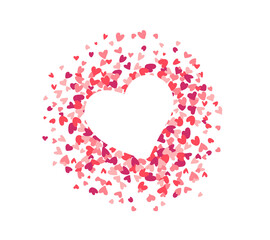 Heart shape consisting of small motley hearts. Shape confetti splash with white heart inside. vector illustration. frame design element for greeting card, banner, invitation. Wedding, Valentine s Day