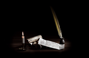 Medieval writing utensils with candle