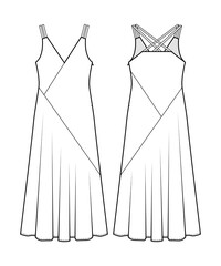 Fashion technical drawing of flared dress with spaghetti straps and neckline