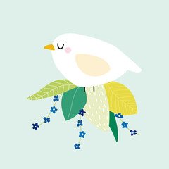 Cute white bird and leaves. Childish graphic. Vector hand drawn illustration.
