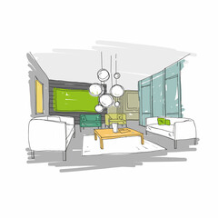 Living room design interior sketch. Hand drawn vector illustration