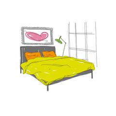 Bedroom interior sketch. Hand drawn vector illustration