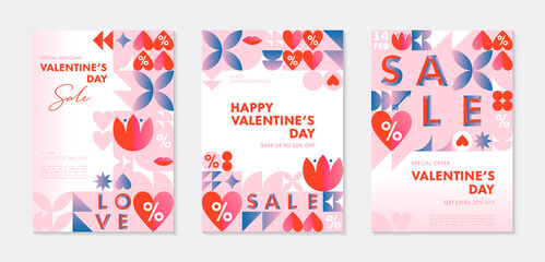 Set of Valentines Day sale banner templates.Special offer layouts in bauhaus style with geometric elements and symbols.Trendy designs for flyers,ads,vouchers,promo offers.Vector Valentines marketing.