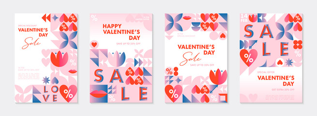 Fototapeta na wymiar Bundle of Valentines Day sale banner templates.Special offer layouts in bauhaus style with geometric elements,symbols.Trendy designs for flyers,ads,vouchers,promo offers.Vector Valentines marketing.