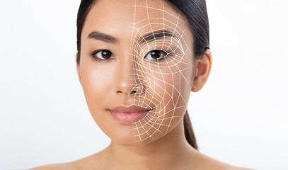 Asian lady getting face scanning on white background, closeup, collage