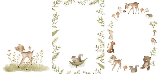 Woodland Animals watercolor forest illustration baby illustration - obrazy, fototapety, plakaty