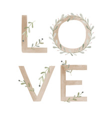 Love watercolor text with leaves illustration