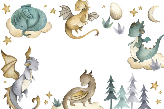 Dragon baby animals watercolor illustration 