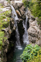 Waterfall in a canyon of a mountain river. Water flow in the marchville canyon national park, Georgia