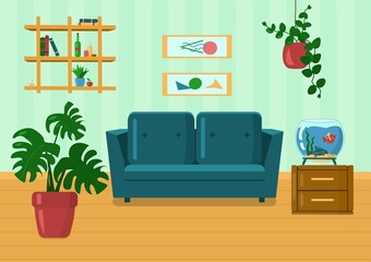Interior of the living room: sofa, aquarium, shelf, night stand, house plants. Cartoon vector concept illustration