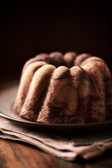 Marble up side down cake on dark wooden background. Close up.	