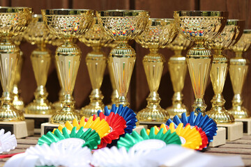 Pile of sport trophies and badges rosettes for the winners on show jumping competition