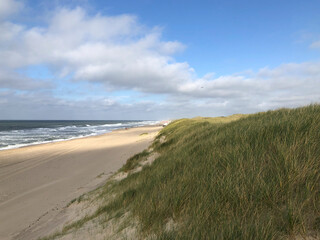 Fototapeta na wymiar scenic autumn sandy beach with waves and dunes in Sylt