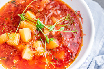 red soup vegetable borscht first course dietary healthy meal food diet snack on the table copy space food background rustic top view keto or paleo diet veggie vegan or vegetarian food no meat