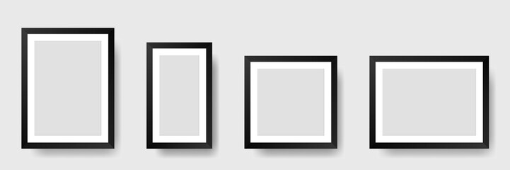 Set of realistic black photo frames with shadow. Mockup of frames for pictures and photos. Vector illustration
