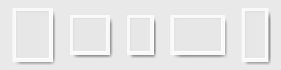 Set of realistic white photo frames with shadow. Mockup of frames for pictures and photos. Vector illustration