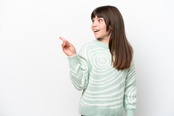 Little caucasian girl isolated on white background intending to realizes the solution while lifting a finger up