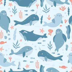 Childish seamless pattern with arctic ocean animals on blue background. Hand drawn cute cartoon characters - narwhal, whale, seal and walrus. Vector illustration.