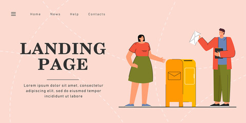 Man and woman sending letters vector illustration. Male and female character standing near mailbox. Man throwing envelope in it. Post concept for banner, website design or landing web page