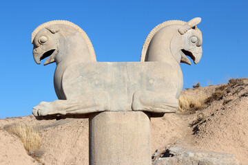 Ruins of ancient Persian capital Persepolis. Huma bird capitel