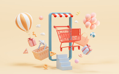 A mobile phone and shopping basket, online shopping, 3d rendering.
