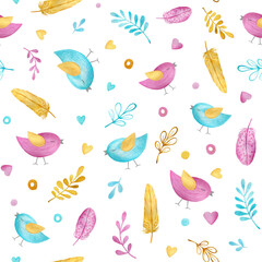 Seamless pattern with cute bird, floral, bead, feather, decor. Love illustration for Valentines party, wedding, girls, kids birthday.