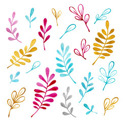 Fototapeta na wymiar Watercolor clipart. Colorful plant, leaf, branch. Set love illustration for Mother day, Valentines party, wedding, kids birthday. Isolated background