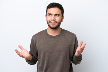 Young Brazilian man isolated on white background stressed overwhelmed