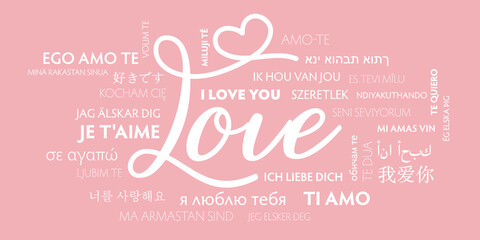 Love multilingual card on pink background