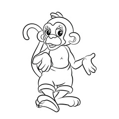 In the animal world, a monkey. Black and white image, coloring. Vector drawing.

