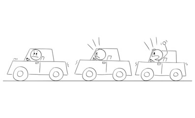 Angry Car Drivers in Traffic Jam or Congestion, Vector Cartoon Stick Figure Illustration