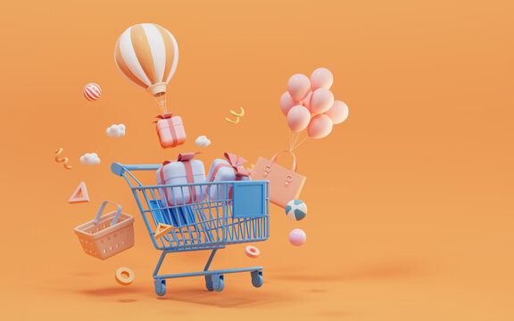 Shopping and gifts, shopping theme, 3d rendering.