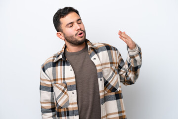 Young Brazilian man isolated on white background with tired and sick expression