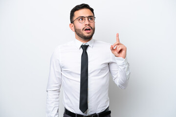 Business Brazilian man isolated on white background thinking an idea pointing the finger up